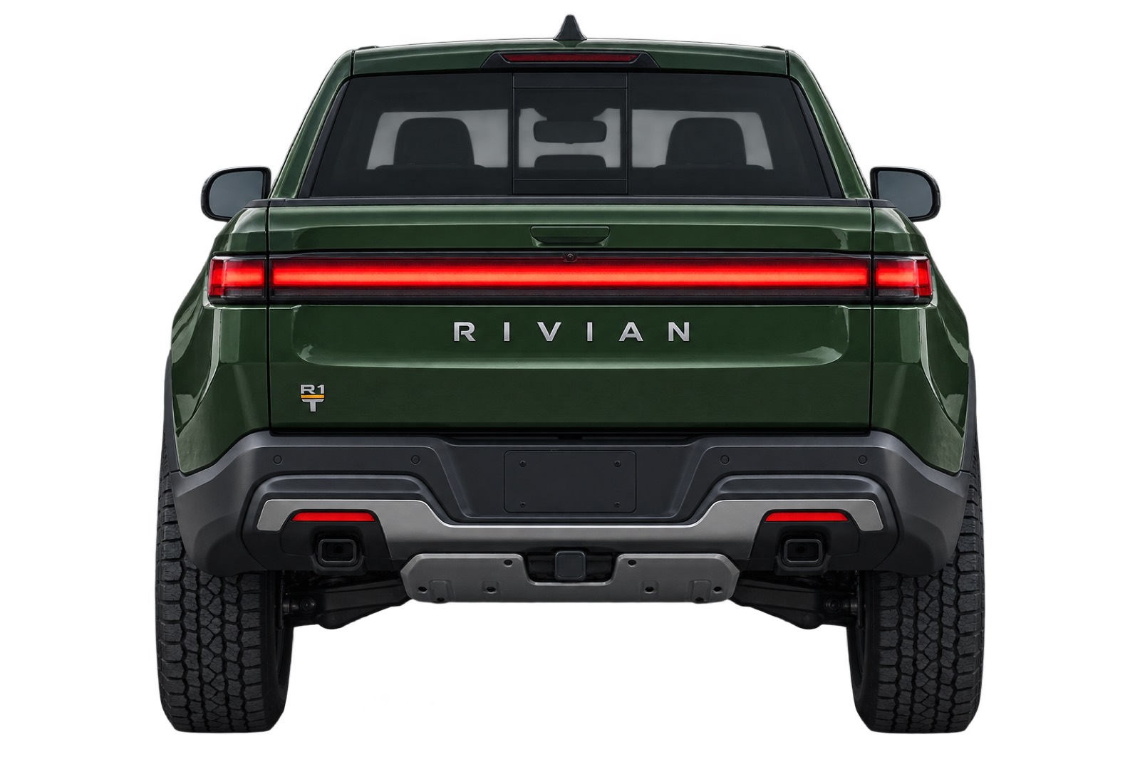 Green Rivian R1T, rear view — taillights